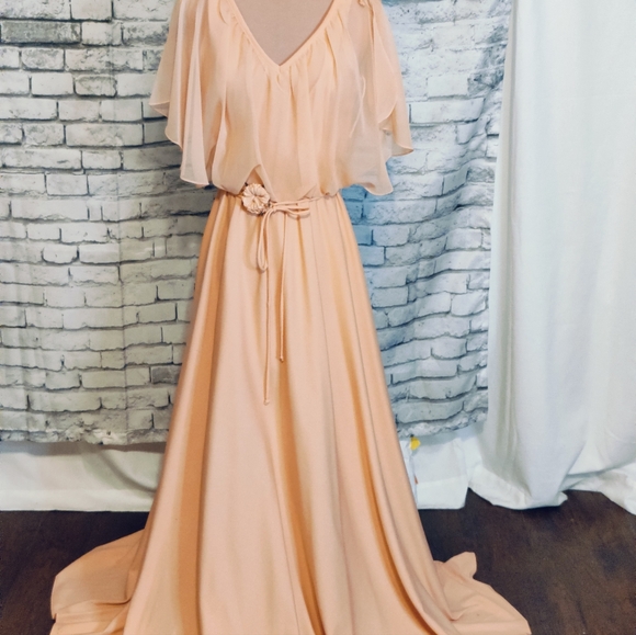 Vintage 70s melon Maxi Dress chiffon cape Super full   skirt shoulder ties SM - Picture 12 of 12